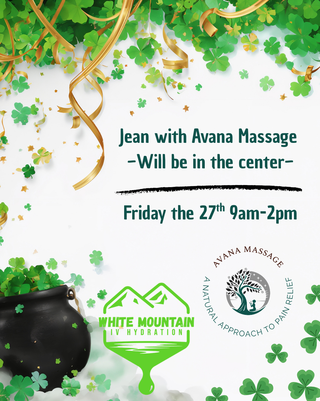 Avana Massage Dates for March Monday March 16th 9am 2pm Friday the 27th 9am 2pm (1)